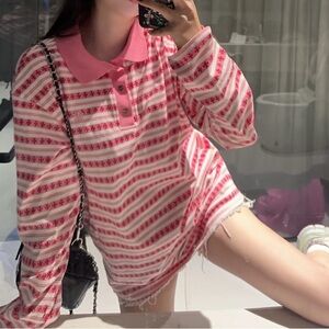 Chrome Heart pink striped polo long sleeve